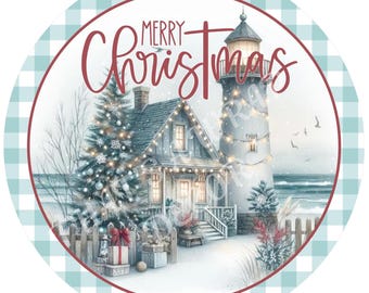 Merry Christmas lighthouse wreath sign, Christmas sign, Christmas tree, Winter decor, Sublimation sign