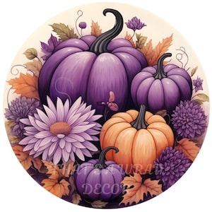 Fall Purple Pumpkin wreath sign, Wreath attachment, Purple fall sign, Round metal sign, Pumpkins sign, Sublimation sign