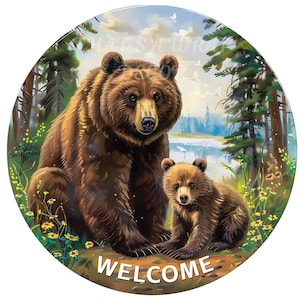 Bears Welcome wreath sign, Bear wreath attachment, Round metal sign, Sublimation sign