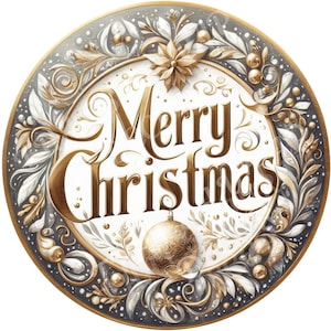 Merry Christmas wreath sign, Round sign, Gold Christmas decor, Winter door decor, Sublimation sign