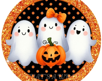 Halloween ghost wreath sign, Wreath attachment, Round sign, Pumpkins, Ghosts, Sublimation sign