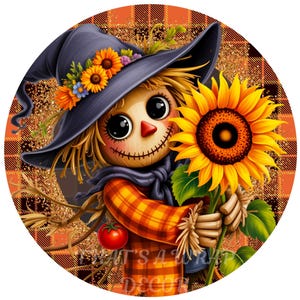 Scarecrow wreath sign, Fall sign, Wreath attachment, Scarecrow sign, Sunflower, Round sign, Sublimation sign