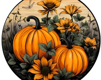 Pumpkins wreath sign, Wreath attachment, Fall sign, Round metal sign, Sunflower sign, Sublimation sign