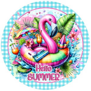 Summer wreath sign, Wreath attachment, Round metal sign, Swimming floaties wreath sign, Sublimation sign