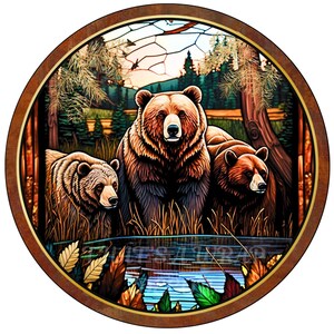 Bears wreath sign, Faux stained glass, Bear wreath attachment, Round metal sign, Sublimation sign