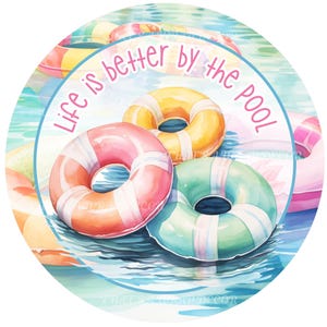 Summer wreath sign, Wreath attachment, Round metal sign, Swimming floaties wreath sign, Sublimation sign
