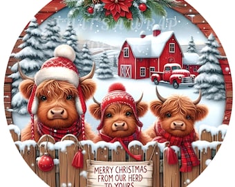 Highland cow Merry Christmas wreath sign, Winter round sign, Holiday decor, Poinsettia sign, Barn, Red truck sign, Sublimation sign