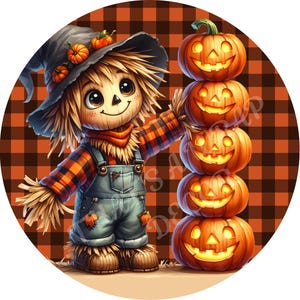 Scarecrow wreath sign, Fall sign, Wreath attachment, Pumpkins, Scarecrow sign, Round sign, Sublimation sign