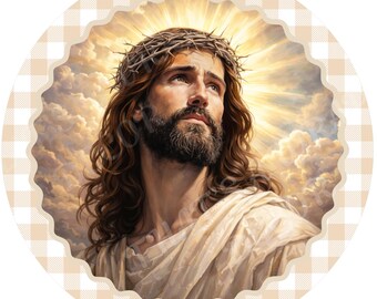 May include: A digital illustration of a man with long brown hair, a beard, and a crown of thorns, looking upwards. He is wearing a white robe, and the background features clouds and a bright light. The image is set within a scalloped circle with a tan and white checkered border.