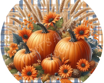 Fall wreath sign, Wreath attachment, Blue & Orange plaid, Pumpkins, Fall sign, Round metal sign, Sublimation sign