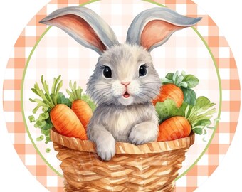 Easter bunny wreath sign, Round wreath sign, Wreath attachment, Round metal sign, Carrots, Bunny rabbit, Sublimation sign