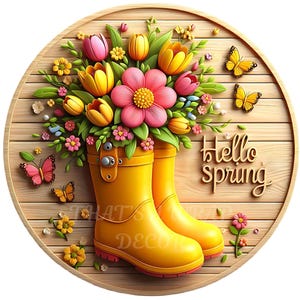 Hello Spring wreath sign, Wreath attachment, Round metal sign, Spring wreath sign, Yellow rainboots, Tulips, Sublimation sign