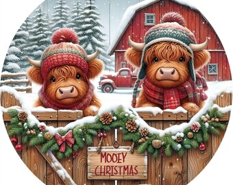 May include: Two Highland cows wearing red and white winter hats and scarves peek over a wooden fence decorated with a Christmas wreath. A red truck and a red barn are in the background. The sign on the fence reads "Mooey Christmas".