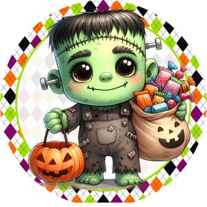 Halloween Frankenstein wreath sign, Candy sign, Wreath attachment, Round sign, Pumpkins, Halloween candy, Sublimation sign