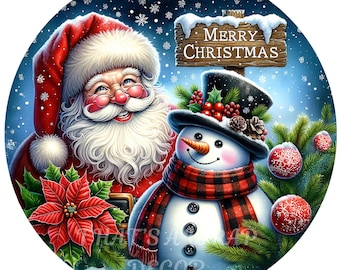 Snowman & Santa wreath sign, Merry Christmas sign, Christmas sign, Winter decor, Poinsettia, Sublimation sign