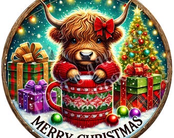 Highland cow Christmas wreath sign, Winter round sign, Presents, Holiday decor, Sublimation sign