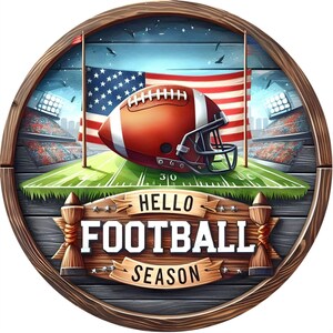 Hello Football Season wreath sign, Wreath attachment, Round metal sign, Football wreath sign, Sports sign, Sublimation sign