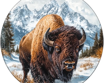 Bison wreath sign, Winter sign, Wreath attachment, Round metal sign, Bison sign, Sublimation sign