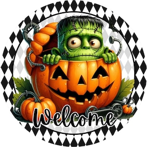 Halloween Frankenstein wreath sign, Welcome sign, Wreath attachment, Round sign, Pumpkin sign, Sublimation sign