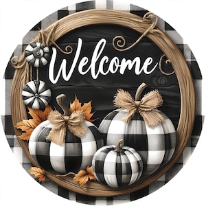 Welcome pumpkin wreath sign, Checkered pumpkin wreath attachment, Round wreath sign, Fall wreath sign, Gingham black & white, Sublimation