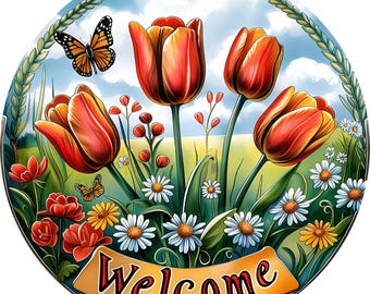 Welcome tulips wreath sign, Wreath attachment, Round metal sign, Spring wreath sign, Sublimation sign