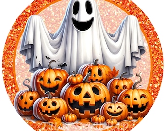 Halloween ghost wreath sign, Wreath attachment, Round sign, Pumpkins, Ghosts, Sublimation sign