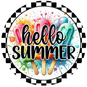 Hello Summer Popsicle wreath sign, Wreath attachment, Round metal sign, Summer wreath sign, Sublimation sign