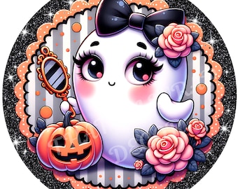Halloween ghost wreath sign, Wreath attachment, Round sign, Pumpkins, Ghosts, Halloween girl sign, Sublimation sign