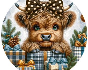 Highland cow Christmas wreath sign, Winter round sign, Presents, Holiday decor, Sublimation sign