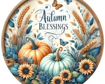 Autumn blessing wreath sign, Sunflower wreath attachment, Round metal sign, Pumpkins, Fall wreath sign, Sublimation sign