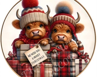 May include: A circular image features two Highland cows wearing red and gray knit hats and scarves, surrounded by wrapped gifts. A tag reads "We wish you a mooey Christmas."