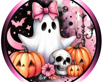 Halloween pink ghost wreath sign, Wreath attachment, Round sign, Pumpkins, Ghosts, Sublimation sign