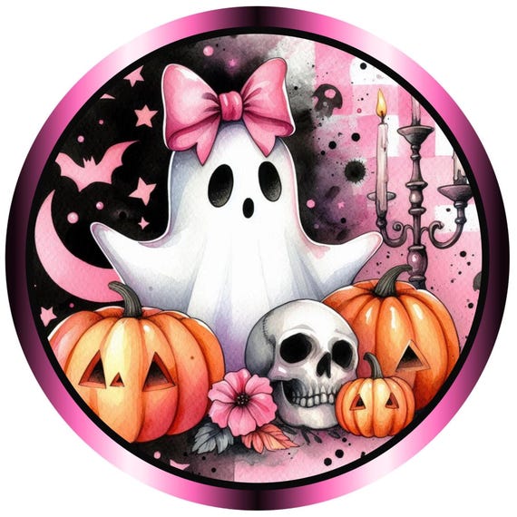 Halloween pink ghost wreath sign, Wreath attachment, Round sign, Pumpkins, Ghosts, Sublimation sign