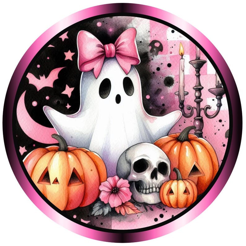 Halloween pink ghost wreath sign, Wreath attachment, Round sign, Pumpkins, Ghosts, Sublimation sign zdjęcie 1