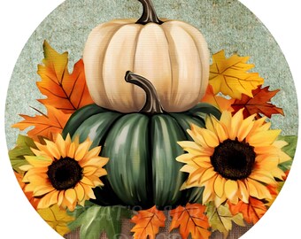 Pumpkin wreath sign, Sunflower sign, Wreath attachment, Fall sign, Round metal sign, Pumpkins sign, Sublimation sign