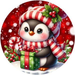 Penguin wreath sign, Winter sign, Wreath attachment, Round metal sign, Christmas sign, Sublimation sign