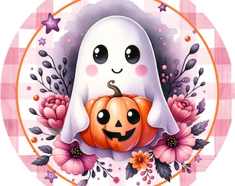 Halloween pink ghost wreath sign, Wreath attachment, Round sign, Pumpkin, Ghosts, Sublimation sign