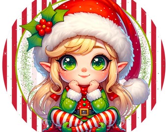 May include: A cartoon elf with blonde hair and large green eyes, wearing a red and white Santa hat and a green and red outfit. The elf is sitting cross-legged on a red and white striped background, with a holly sprig on the hat.