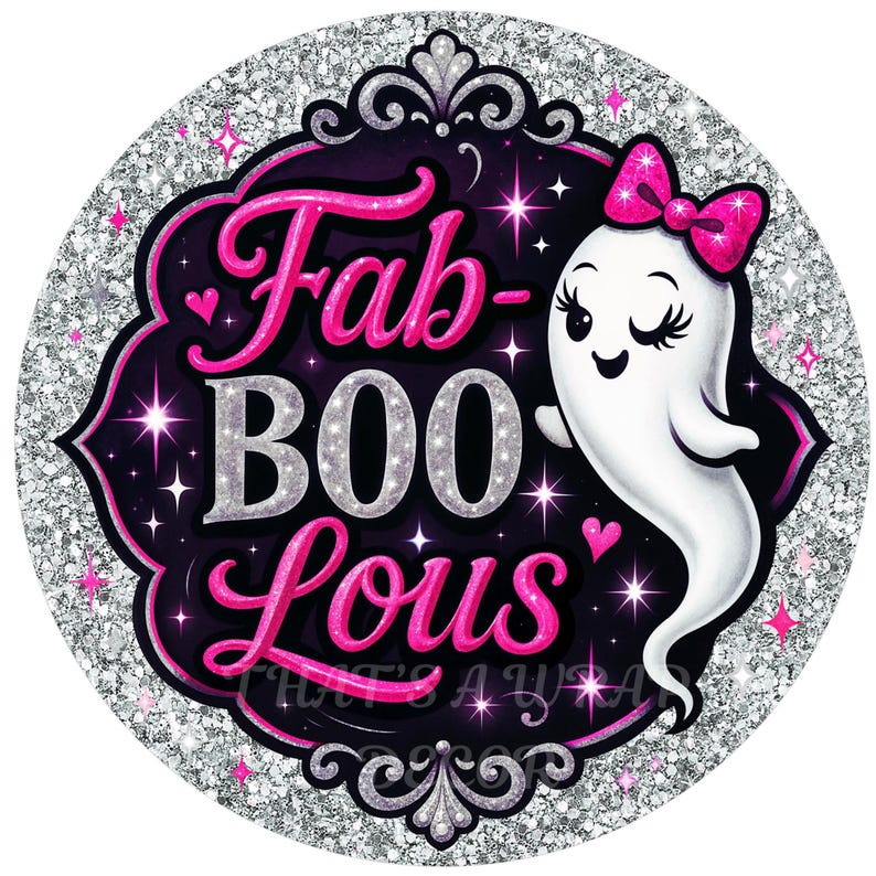 以下が含まれることがあります： ピンクとシルバーで「Fab-BOO-lous」の文字が入った、キラキラ光る丸いデザイン。ピンクのリボンをつけた可愛いお化けが特徴です。黒とピンクのフレームに装飾要素と星が散りばめられており、ハロウィーンに最適です。
