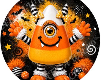 Halloween Candy Corn girl wreath sign, Wreath attachment, Round sign, Wreath sign, Sublimation sign