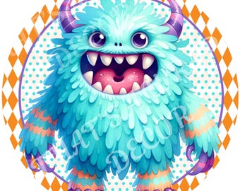May include: A cartoon illustration of a friendly monster with blue fur, purple horns, and a wide, toothy grin. The monster has orange and blue striped arms and legs. The background is a white circle with a blue polka dot pattern, surrounded by an orange and white diamond pattern.