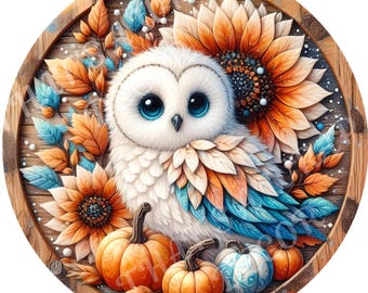 Owl fall wreath sign, Wreath attachment, Round metal sign, Pumpkin sign, Fall wreath sign, Sunflowers, Sublimation sign
