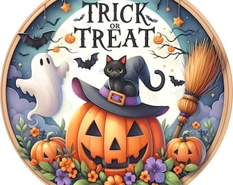 Halloween Trick or Treat wreath sign, Wreath attachment, Round sign, Pumpkins, Ghosts sign, Sublimation sign