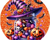 Halloween Candy wreath sign, Halloween candy sign, Wreath attachment, Round sign, Pumpkins sign, Sublimation sign