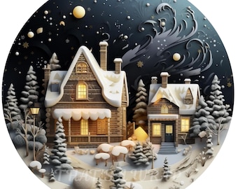 May include: A circular illustration of a winter scene with two snow-covered houses, lit windows, and evergreen trees. The houses are brown with white snow on the roofs. The background is a dark blue night sky with stars and a full moon.