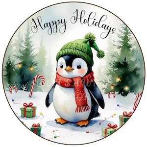 Penguin wreath sign, Happy Holidays winter sign, Wreath attachment, Round metal sign, Christmas sign, Winter wreath sign, Sublimation sign