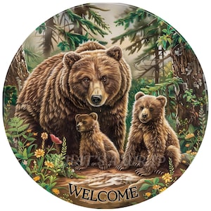 Bears Welcome wreath sign, Bear wreath attachment, Round metal sign, Sublimation sign