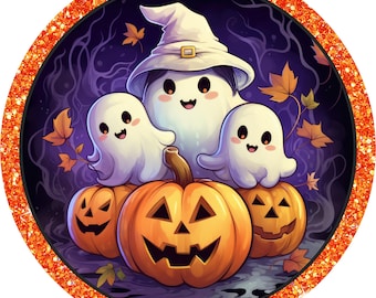Halloween ghost wreath sign, Wreath attachment, Round sign, Pumpkins, Ghost sign, Sublimation sign