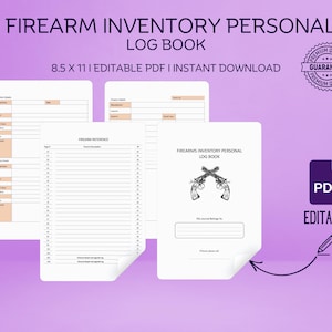 Puede incluir: Plantilla de libro de registro de inventario de armas de fuego en formato PDF editable. La portada presenta una ilustración en blanco y negro de dos pistolas cruzadas. El texto "Firearms Inventory Personal Log Book" está impreso en negro en la parte superior de la portada. El texto "8.5 x 11 | Editable PDF | Instant Download" está impreso en negro debajo de la ilustración. Un sello en blanco y negro con el texto "Premium Quality Guarantee" se encuentra en la esquina superior derecha.