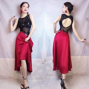 Red & Black Sequin Tango Dress with Flowing Satin Hem